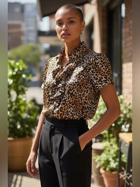 Worthington Leopard Print Ruffle Front Short Sleeve Blouse